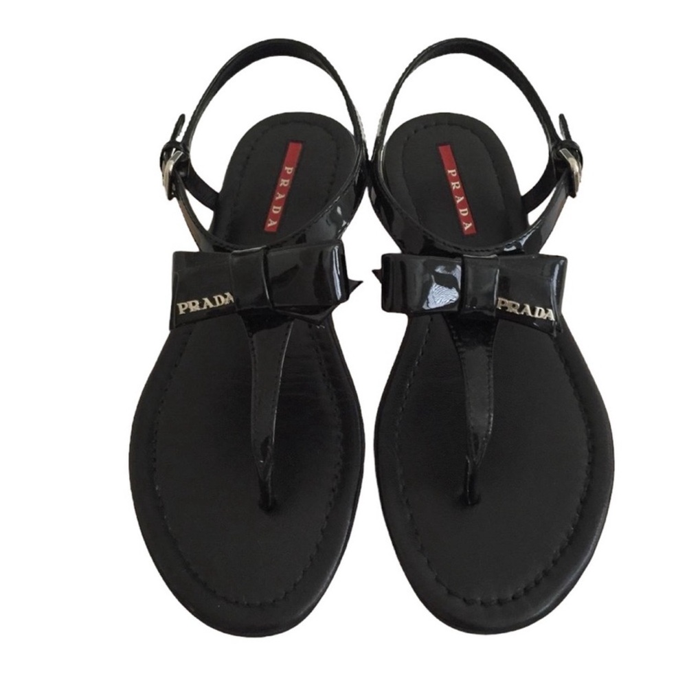 PRADA Patent Leather Bow Logo Sandals Flats